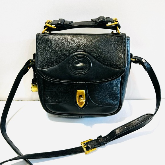 Vintage Dooney & Bourke Black Leather Crossbody Bag with Brass Gold Toned-Detail - Picture 1 of 16